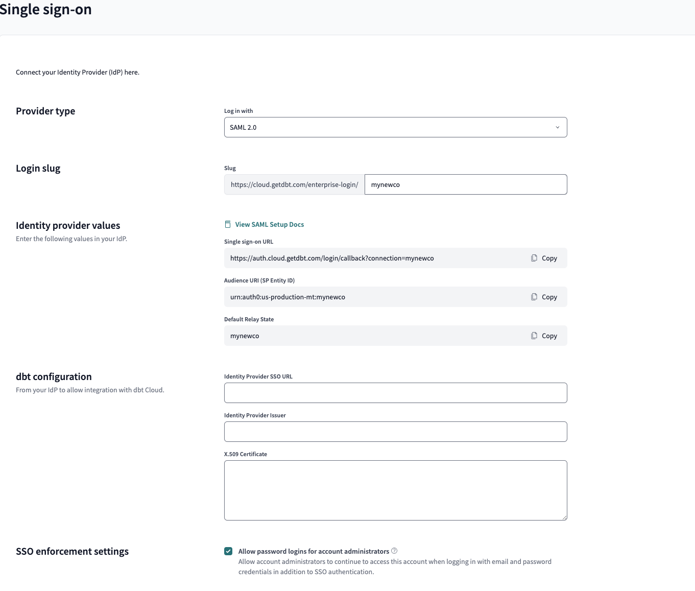 dbt Cloud's SSO configuration page