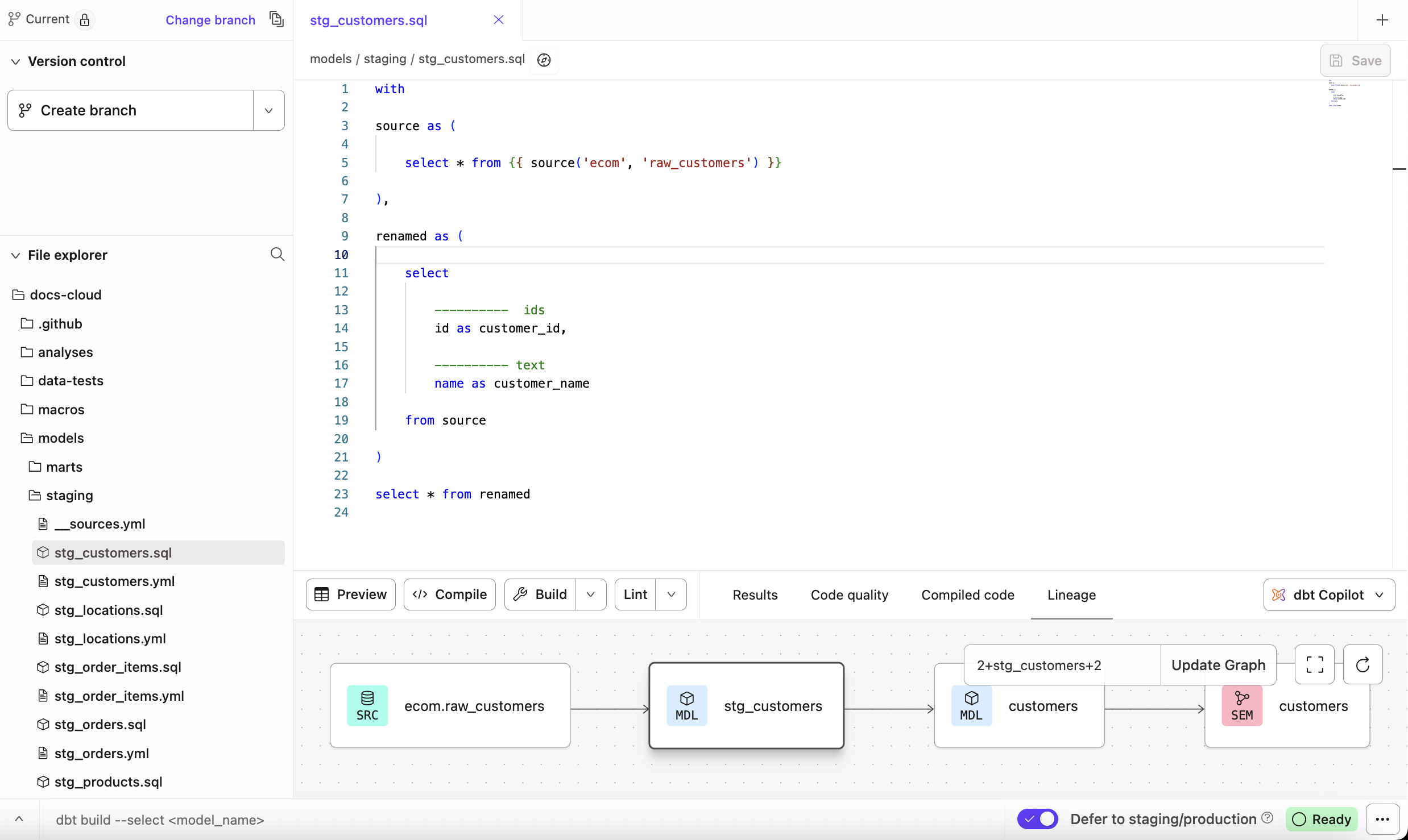The Studio IDE includes version control, files/folders, an editor, a command/console, and more.